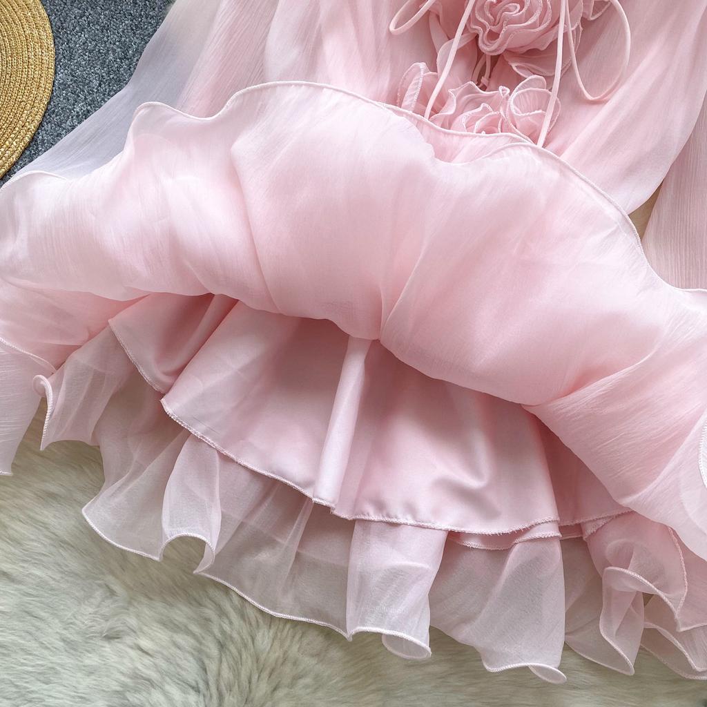 Sweet Pink 3D Floral Beach Short Dress Female Long Sleeves Lace Up Ruffle Chiffon Cake Sundress Sheer Sexy Vintage Bohemian Dress