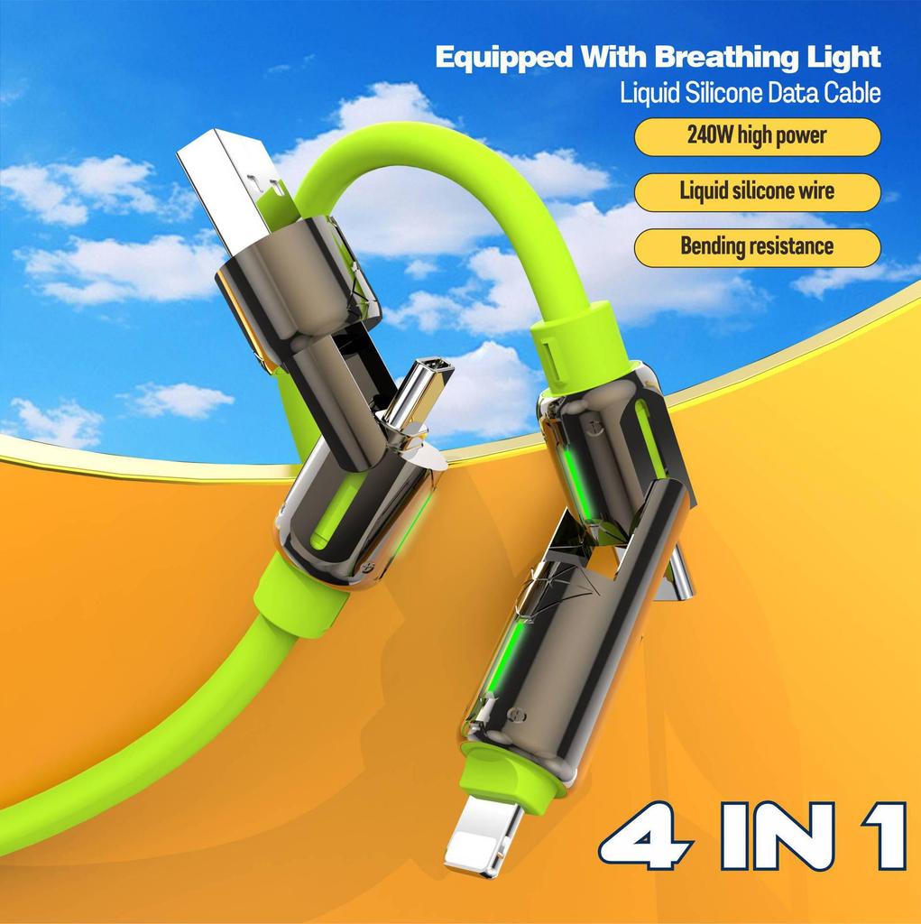 240W 4-in-1 Super Fast Charging Cable: Apple, Type-C, Huawei Compatible, Ideal for Car Use