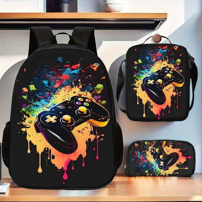 Kids School Backpack Set Elementary Students Oxford Fabric Printed Design Breathable Shoulder Straps 3-Piece