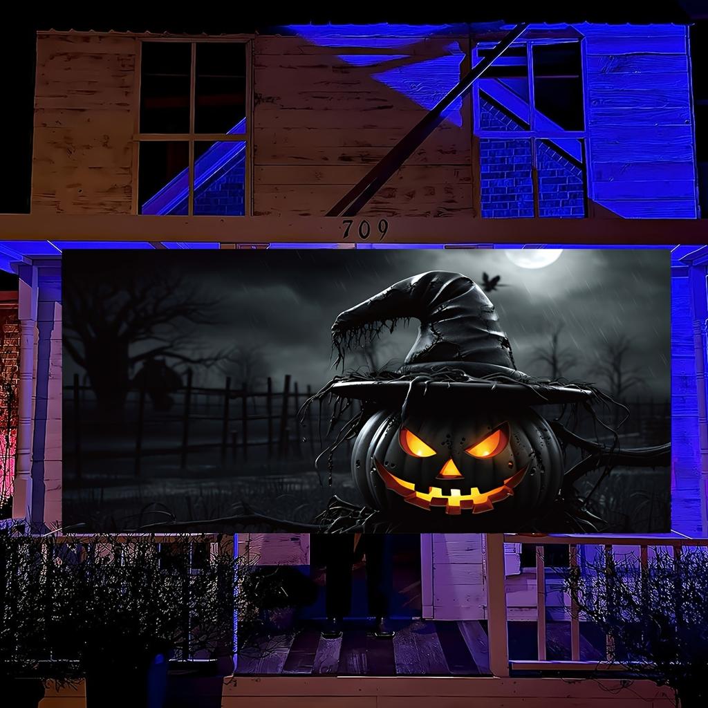 2D multi-purpose Halloween garage door flags, made of polyester, featuring ghost pumpkins and wizard hats design
