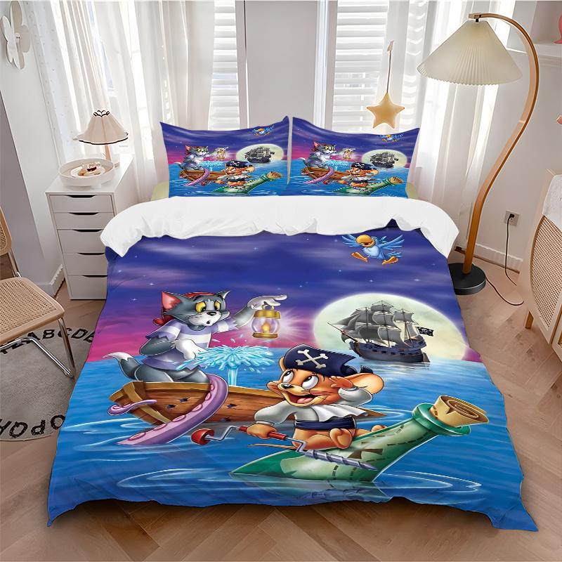 3pcs Pirate Adventure Tom and Jerry Quilt Cover Set - Soft and Cozy Bedroom, Guest Room and Dorm Decorative Bedding 3-Piece Set 1 Quilt Cover + 2