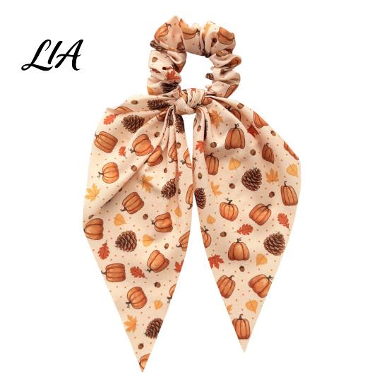Vintage Pastoral Style Hair Bows Fall Pumpkin Maple Leaf Tie for Women, Bow Knot Ribbon Ponytail Autumn Harvest Ties Holder, Soft Fabric Elastic