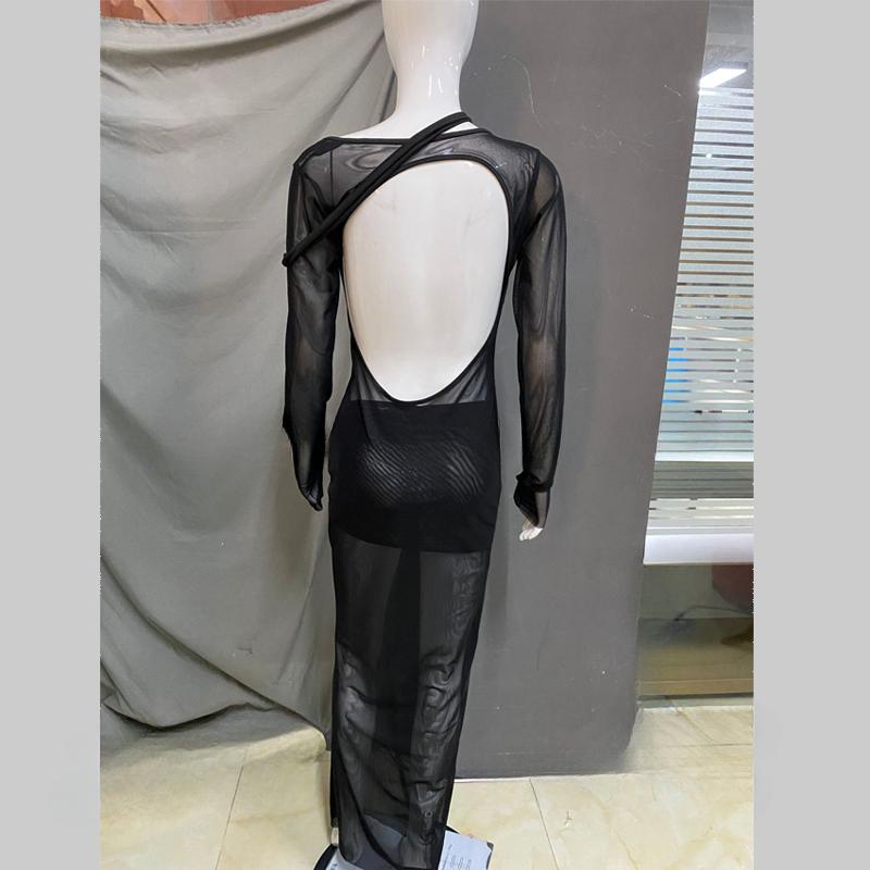 Европейские и американские женщины весна с длинными рукавами прозрачная сетка высокая талия сексуальное пикантное женское длинное платье