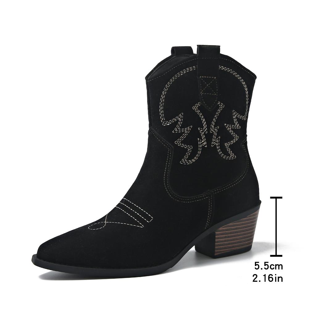 Fashion Women's Embroidered Western Cowboy Boots Autumn Pointed Thick Heel Fashion Women's Shoes Low Heel Loose Leather Short Boots