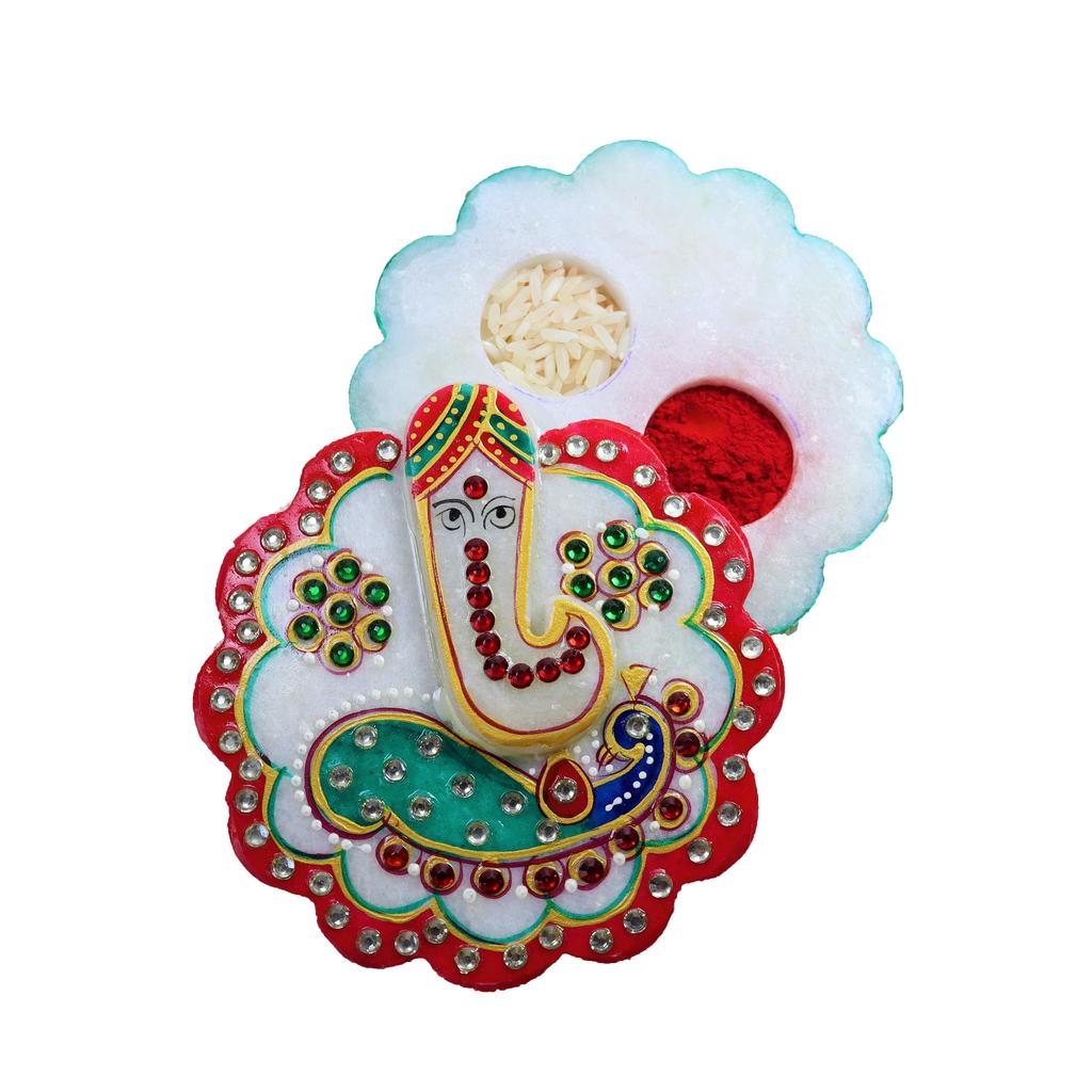 Marble Made Round Shape Roli Rice Kumkum Ganesh Chopra for Tilak Tika, Wedding Gifts, Raksha Bhandhan Gift