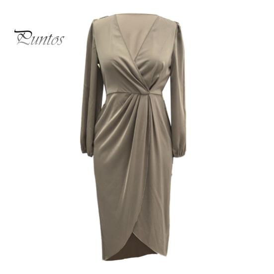 Women Dress Irregular Slit Hem High Waist Pleated Long Puff Sleeves Solid Color V Neck Formal Party Banquet Maxi Dress
