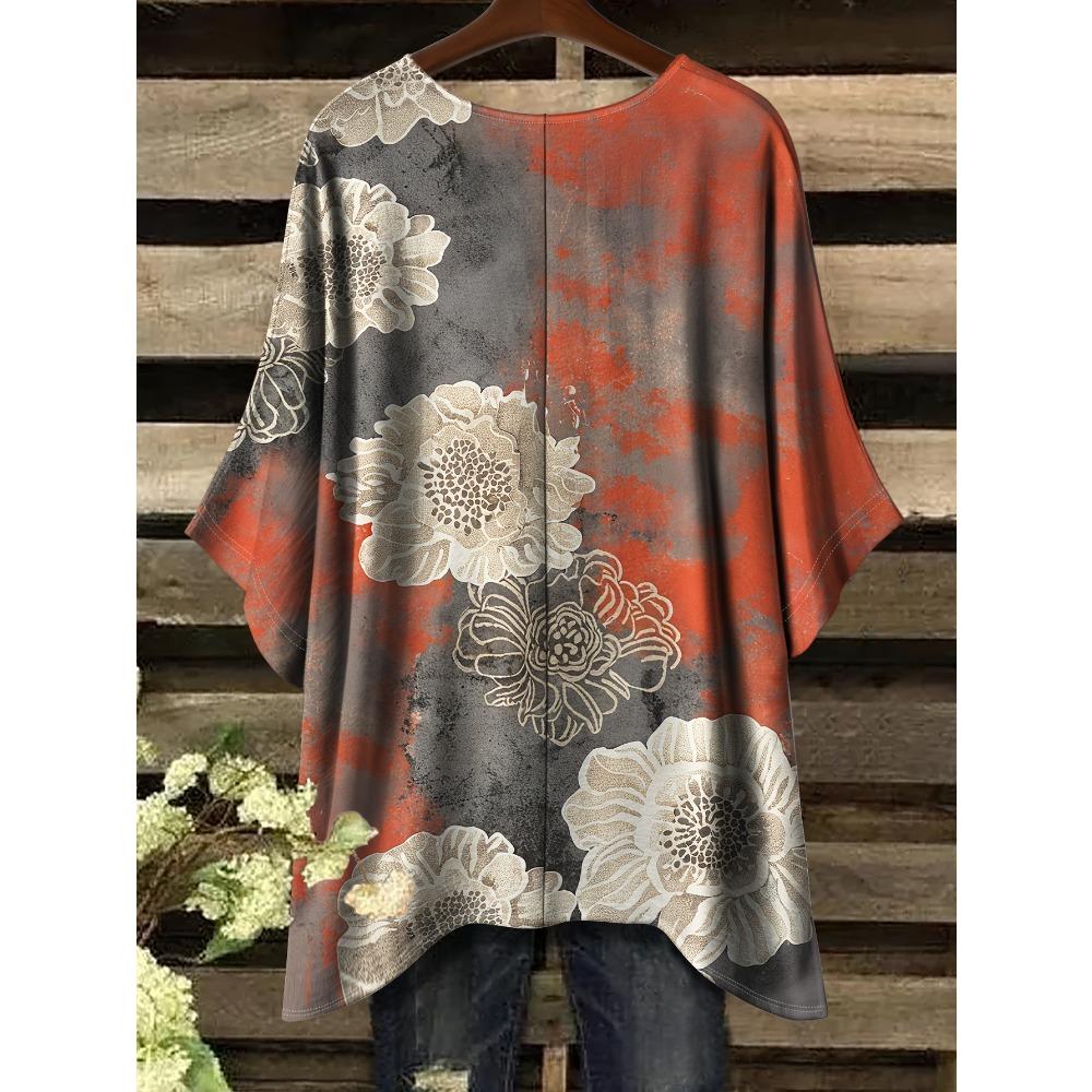 Plus size, summer new plus size simple casual flower pattern printing irregular hem crew neck T-shirt