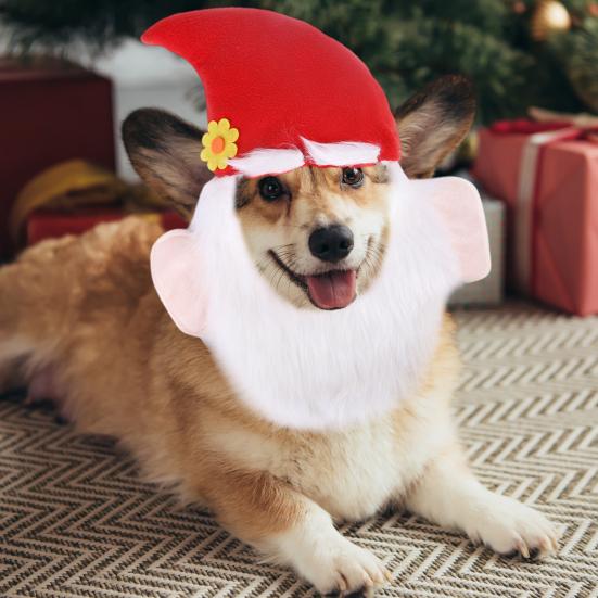 Собачья рождественская шапка Шапка Санта-Клауса для питомца с ушами и бородой Рождественский костюм Головной убор для маленьких собак кошек Праздничные аксессуары для наряжания