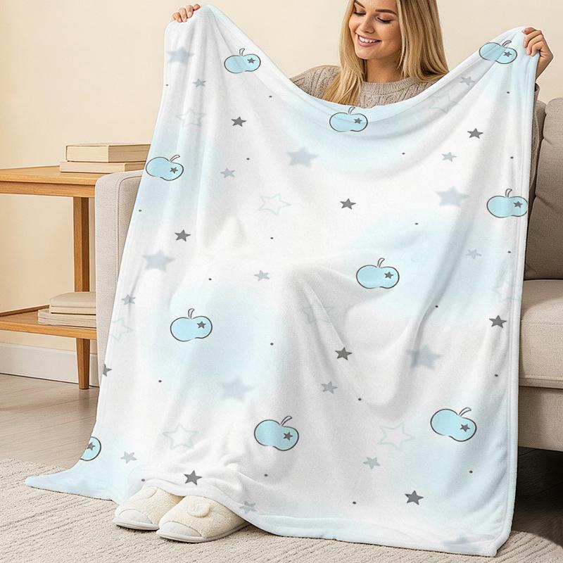 Lightweight Flannel Blanket Versatile Star & Apple Pattern, Soft Warm Cozy Blanket for Home, Sleep, Car Use, Perfect for Christmas & Halloween