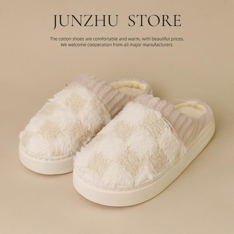 Color Matching Checkered Cotton Slippers Home Slippers Non-slip Autumn and Winter Home Indoor Shoes Couple