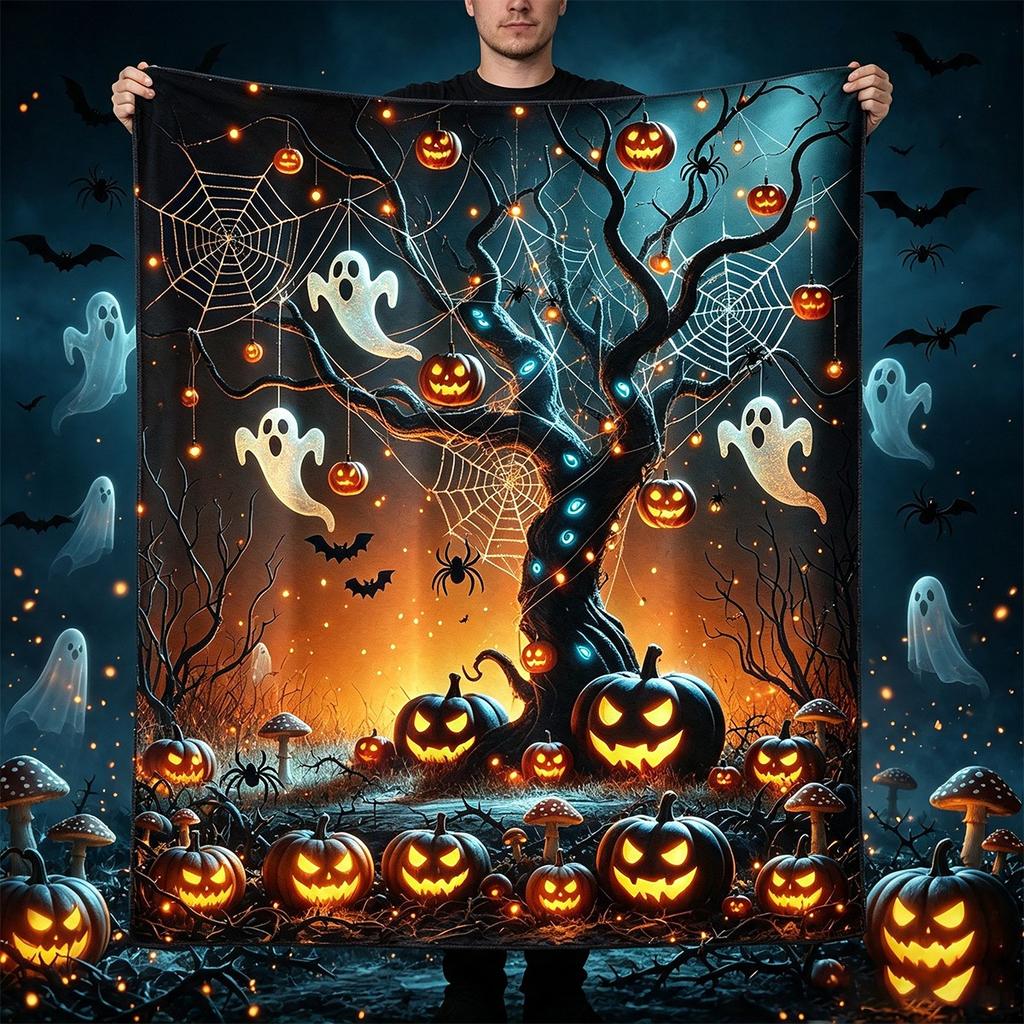 A-themed Item with Pumpkin and Patterns, Suitable Rooms, Homes, and Hotels, and Suitable All Seasonsflannel Blanket, Skeleton Blanket, Grim Reaper Dec
