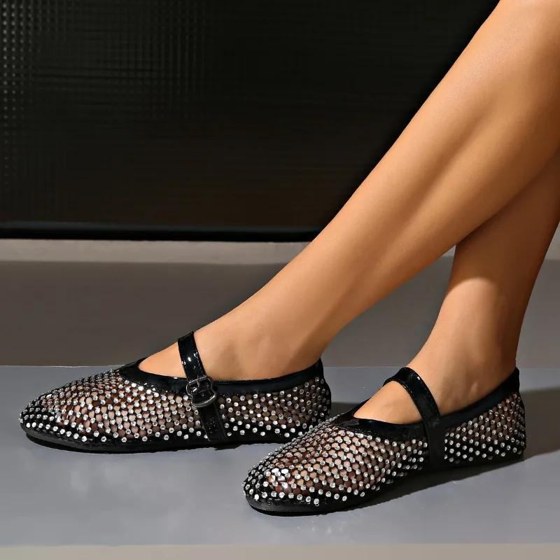 Роскошные балетки в сеточку со стразами и кристаллами, женские фирменные дизайнерские туфли Мэри Джейн с заклепками и гвоздиками, летние женские мокасины с вырезами