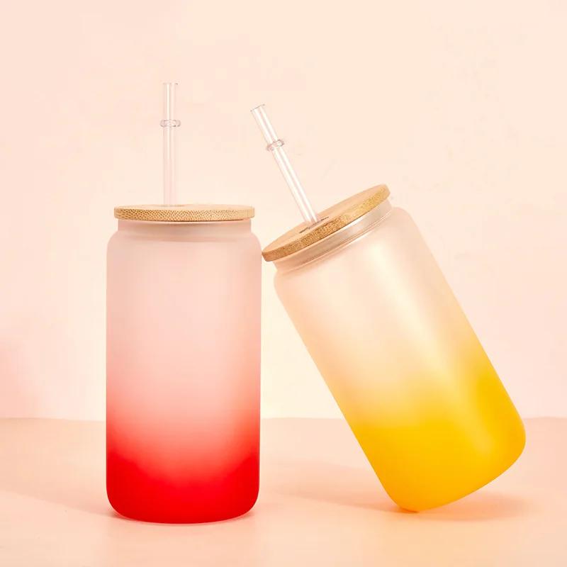 Gradient Color Water Bottle with Straw Juice Glasses with Wooden Lid Beer Wine  Milk Mocha Bubble Tea Cup Ice Cola Glass Cup