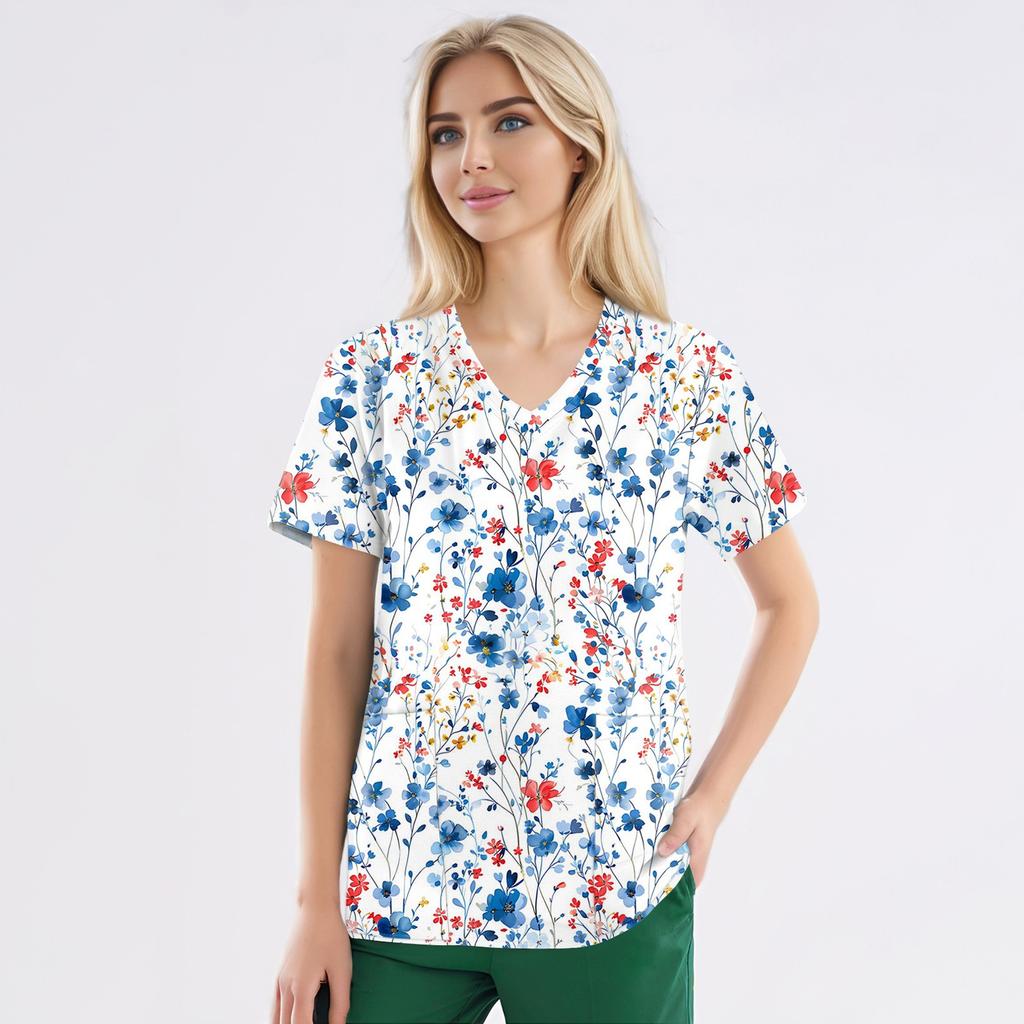 Рабочая форма больших размеров с принтом, топы для женщин, забавные футболки с v-образным вырезом и короткими рукавами, рабочая одежда, футболка с карманами