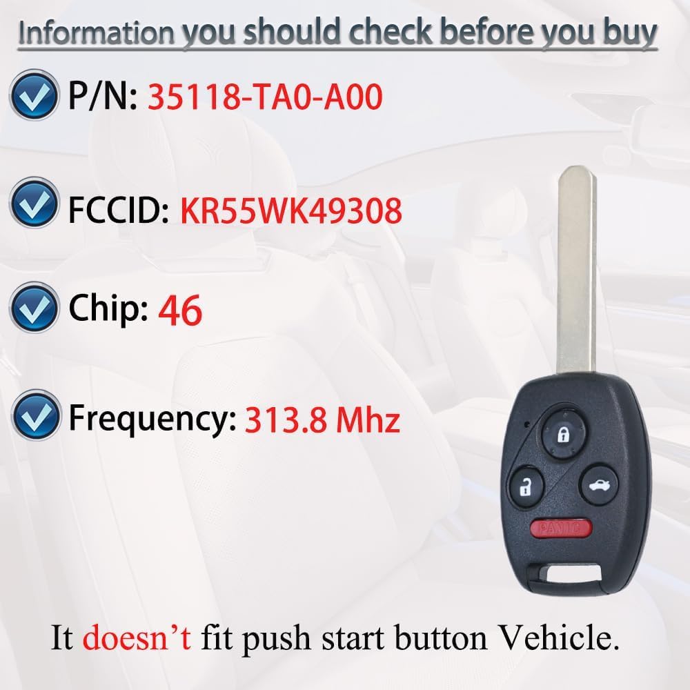 Брелок подходит для Honda Accord 2008 2009 2010 2011 2012 (Только для седанов) / Пилот 2009 2010 2011 2012 2013 2014 2015 KR55WK49308 Головка Пульта Дистанционного Управления Ключ