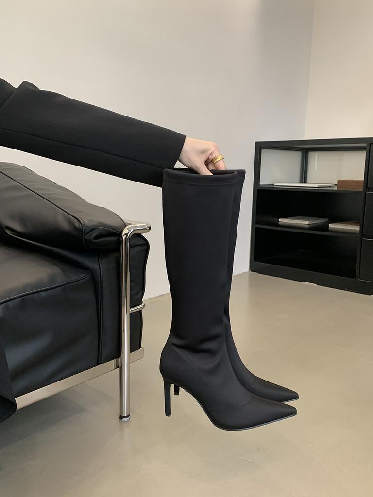 Мода Черный Фиолетовый Коричневый Женские Сапоги До Колена Челси Ботас Тонкие Высокие Каблуки Боковая Молния Вечеринка Туфли-лодочки Зимние Сапоги Женские Гладиаторы