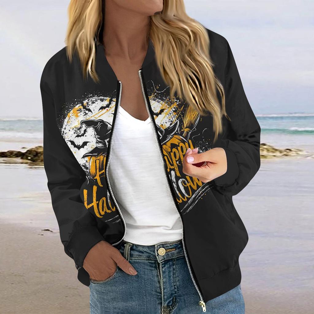 Женская модная повседневная куртка на молнии с длинным рукавом с принтом и круглым вырезом