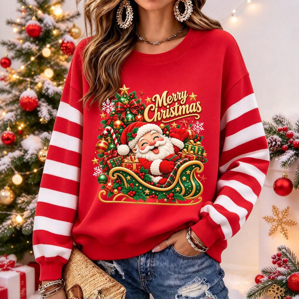 Women's Christmas Print Long Sleeve Top, Casual Comfortable Winter Shirt for Holiday and Everyday Wear