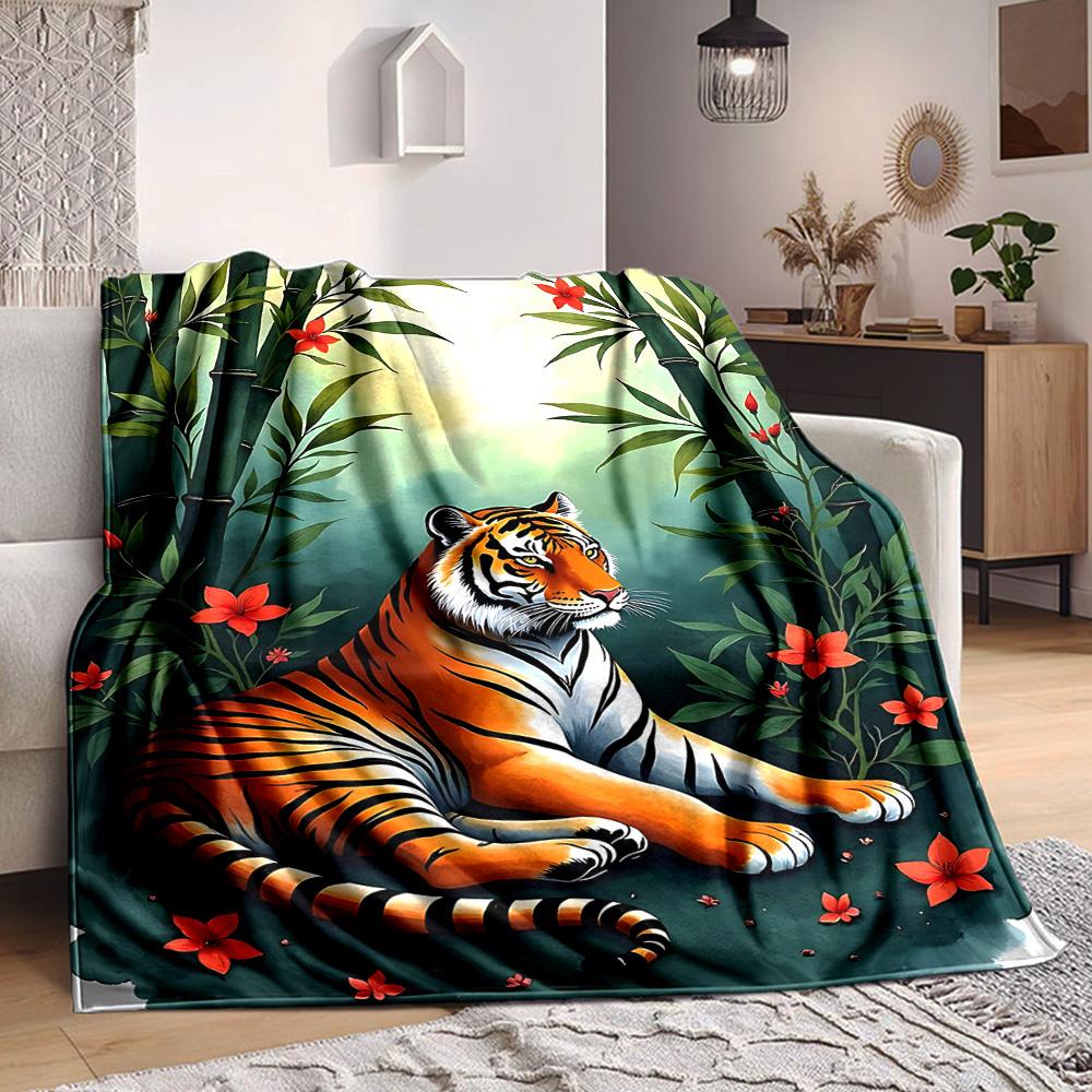 1pc Bamboo Forest Tiger Blanket - Lightweight Flannel Fleece with Digital Printing, Soft Warm for Sofa, Travel, Camping, Office yy251018316