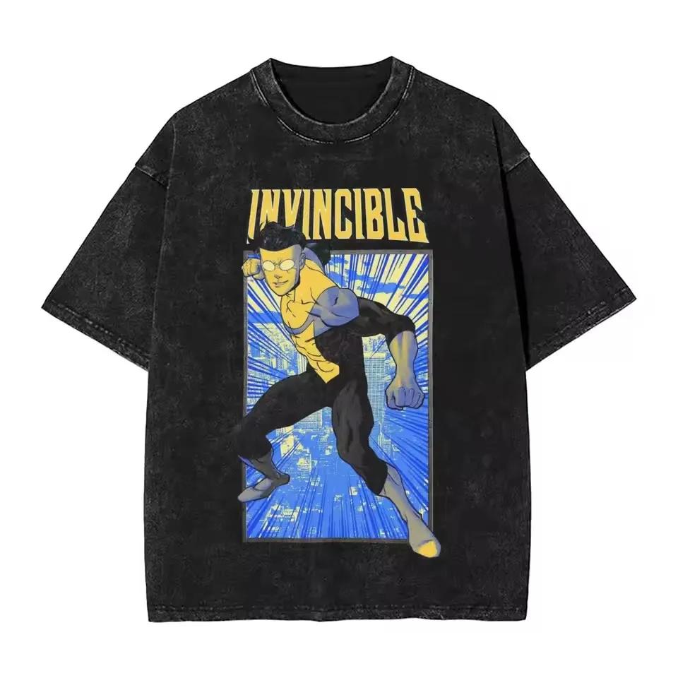 Invincible Gda Logo Graphic Tshirt Vintage Washed Superhero Anime Unisex Oversized Crew Neck Cotton Short Sleeve Tee Tops