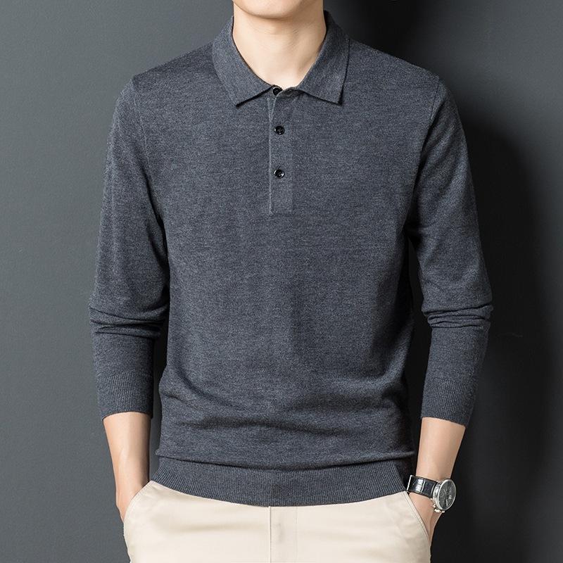 Осенне-зимний мужской свитер среднего возраста в деловом стиле с лацканами, длинный рукав, тонкая трикотажная основа, шерстяная рубашка-боди