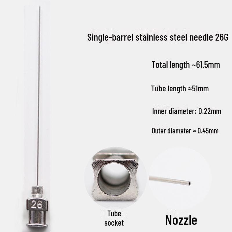 Дозирующая игла из нержавеющей стали с плоским кончиком, общая длина 61,5 мм, длина трубки 50 мм.