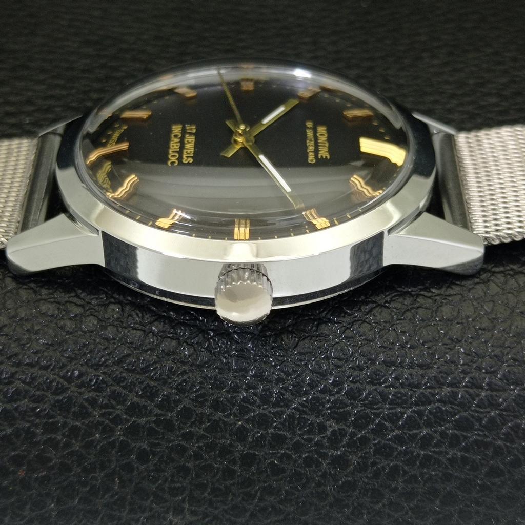 ШВЕЙЦАРСКИЕ ВИНТАЖНЫЕ МУЖСКИЕ ЧАСЫ MONTINE С РУЧНЫМ ПОДЗАВОДОМ, ВОССТАНОВЛЕННЫЕ, ЧЕРНЫЙ ЦИФЕРБЛАТ a441069-1