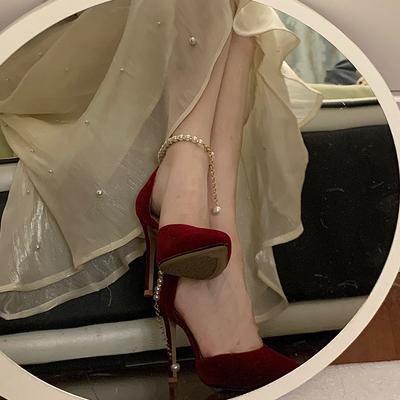 Французские остроносые замшевые туфли с жемчугом на высоком каблуке женские туфли-шпильки для взрослых подарочные сандалии на голову свадебное шоу бордовые свадебные туфли
