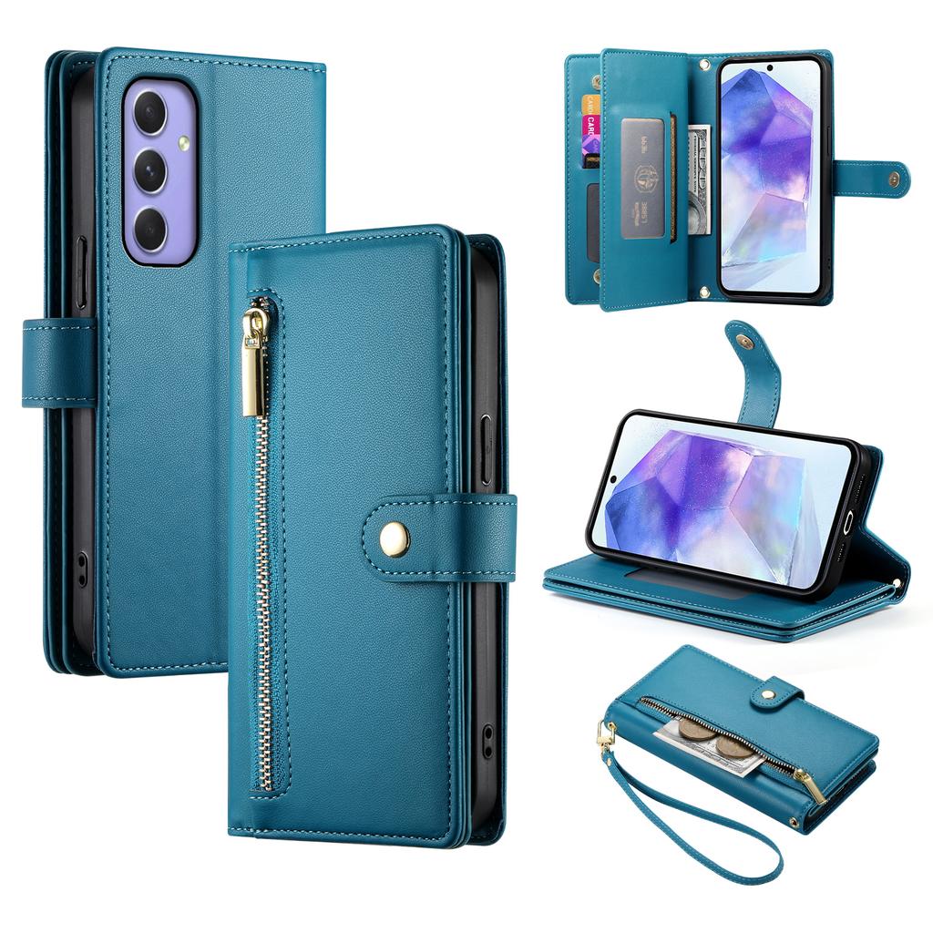 DF-011 For Samsung Galaxy A55 5G Case Zipper Pocket Leather Cover with Multiple Card Slots