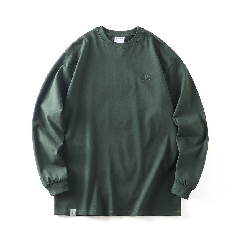 American Retro Heavy Weight Pure Cotton Shoulder Embroider White Long Sleeve T-shirt Men's Autumn and Winter Undershirt Export Cotton T-shirt