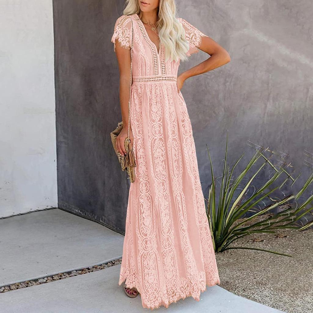 Платье с короткими рукавами и V-образным вырезом в европейском и американском стиле из кружева