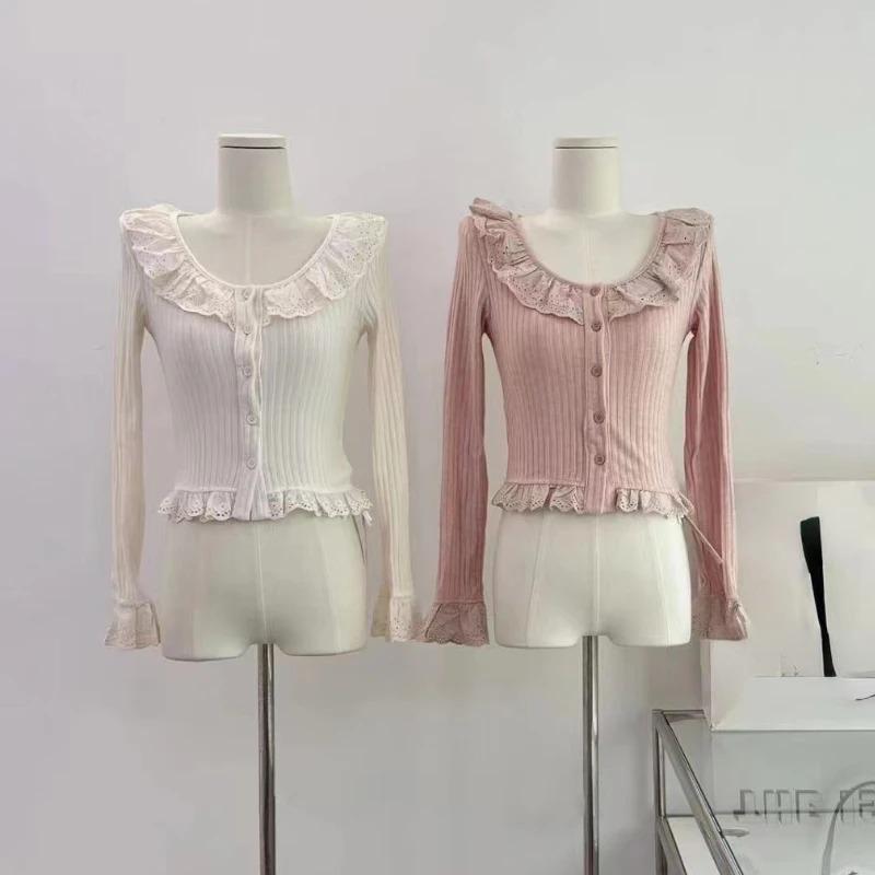 Новый вязаный кардиган Kawaii Lolita для женщин, японский сладкий кружевной свитер, пальто, женский повседневный корейский шик, тонкий, элегантный трикотажный топ