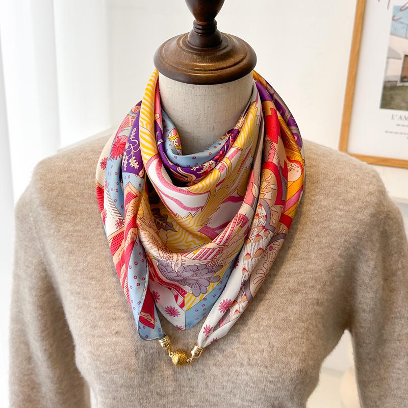 Magnetic Buckle Silk Neck Scarf: Triangle Design for Women, 70x70cm, Lightweight Spring/Summer/Autumn Accessory