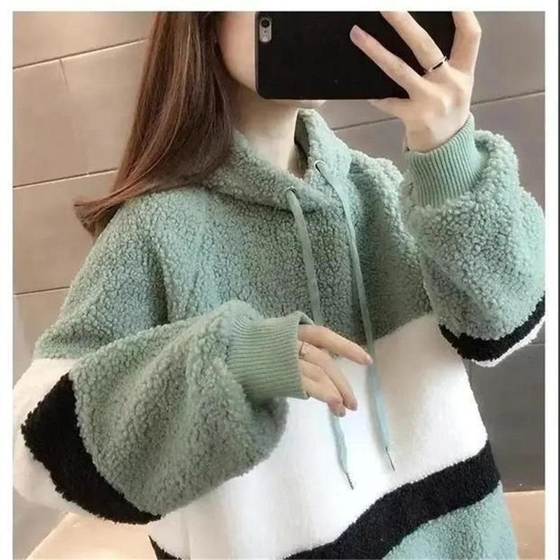 Женское осенне-зимнее свободное и толстое теплое худи из овечьей шерсти с флисом