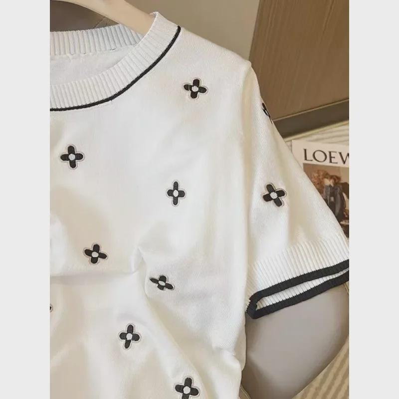 Футболка с коротким рукавом из корейского жаккардового трикотажа 2022 года — легкая, свободного кроя, с круглым вырезом, верх из ледяного шелка