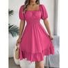 Fashion Women's Square Collar Short Sleeve Pleated High Waist Dress Women Casual Office Career Business Dresses Solid Color Dress Women