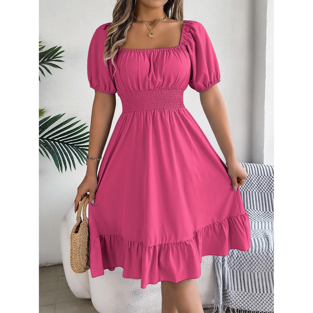 Fashion Women's Square Collar Short Sleeve Pleated High Waist Dress Women Casual Office Career Business Dresses Solid Color Dress Women