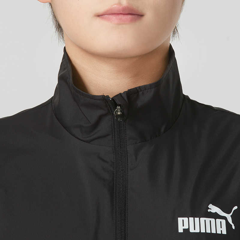 Puma Однотонная удобная куртка на молнии с воротником-стойкой, тканые длинные брюки со средней талией и манжетами, повседневный спортивный костюм для мужчин, черный 687105-01+685639-51