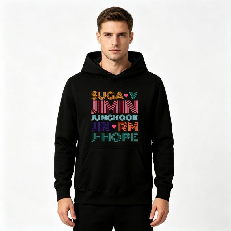 Men's Kpop BTS Member Names Pattern Graphic Print Loose Long Sleeve Casual Pullover Hooded Sweatshirt Daily Streetwear Tops
