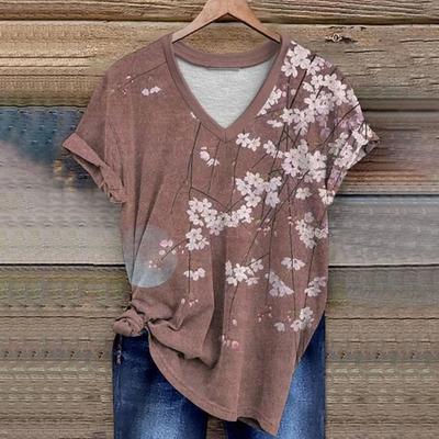 Женская мода V-образный вырез короткий рукав 3D цветочный принт футболка лето удобные спортивные топы