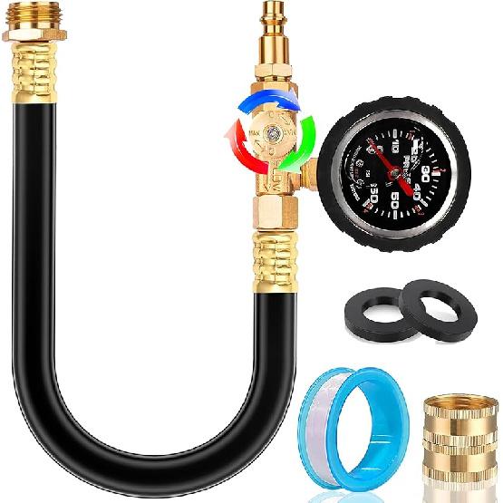 Upgraded RV Water Blow Out Winterizing Kit Sprinkler Winterization Hose With Oil Filled Pressure Gauge Compressor Winterize Adapter Plug, For Camper,