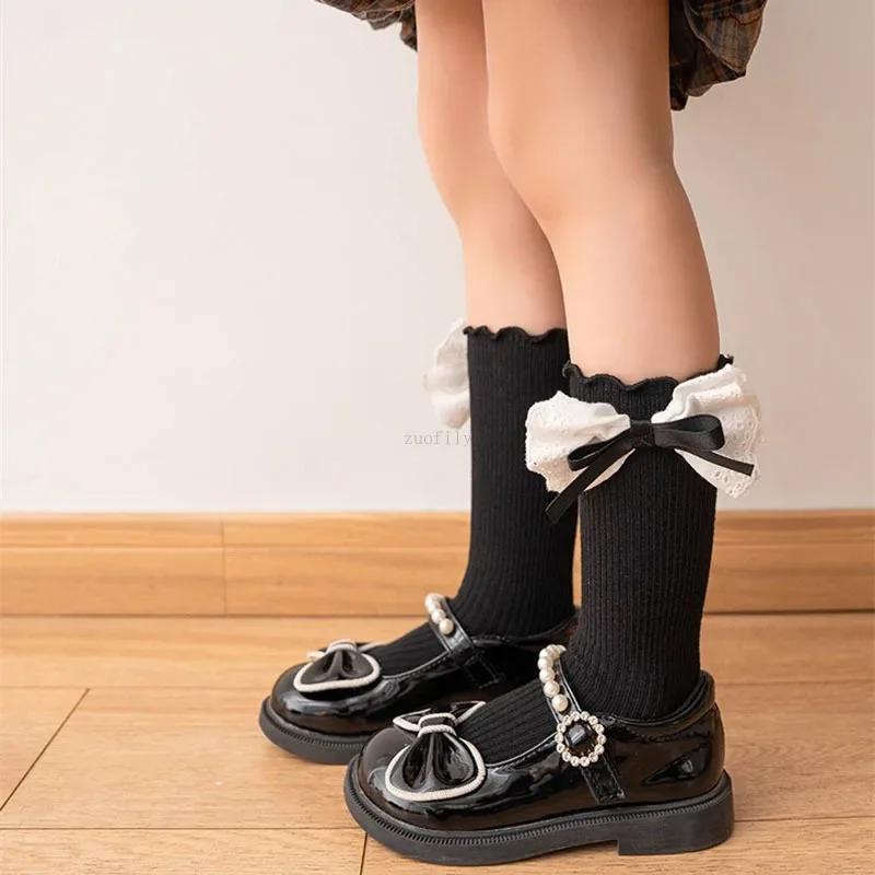Girl Spring Autumn New Lace Bow Socks Korean Academy Style Student Children Mid Length Socken Baby Princess Kid Cotton Stockings