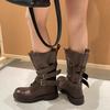 Британский стиль ретро черные средней длины рыцарские ботинки женские 2025 весна и лето новые мягкая кожа толстый каблук пряжка ремня ботинки-локомотивы