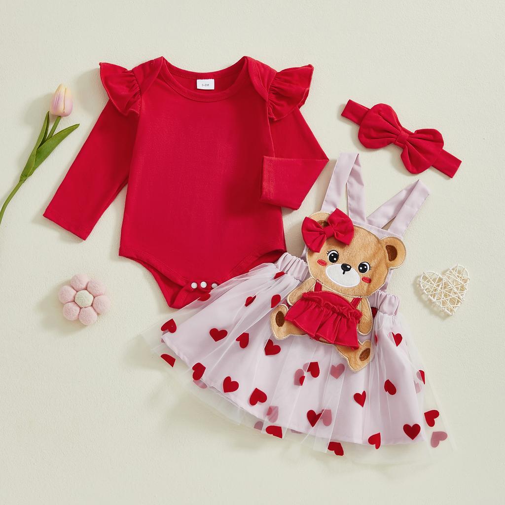 Комплект одежды на День святого Валентина для девочки: комбинезон с длинными рукавами + юбка на подтяжках из тюля + повязка на голову