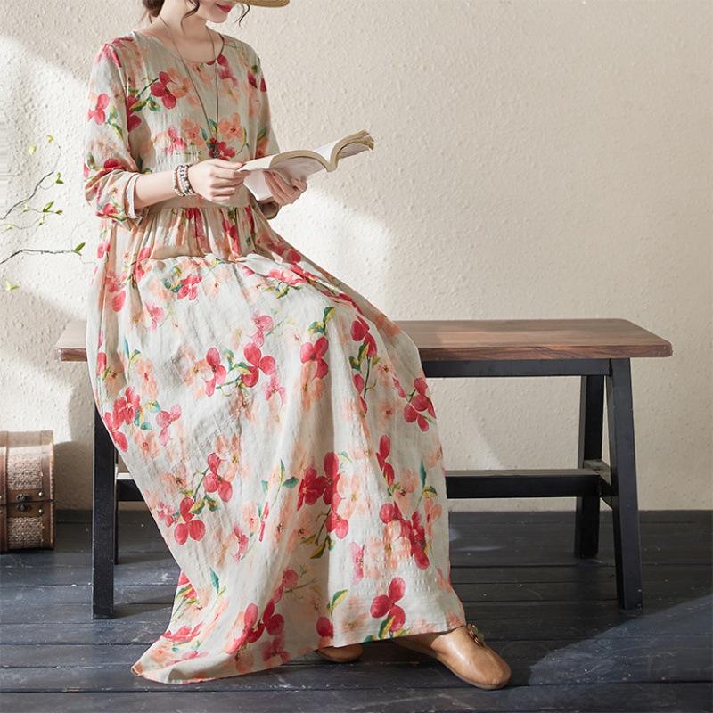 Women's Printing Long Sleeve Dresses Fashion Elegant Long Dress Loose Round Neck Beach Resort Style Casual Dresses
