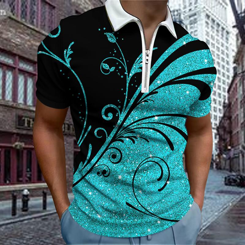 Casual Lapel T-shirt Young Men's Fashion Zipper T-shirt Short Sleeve T-shirt Men's 3D Golden Leaf Print T Shirt