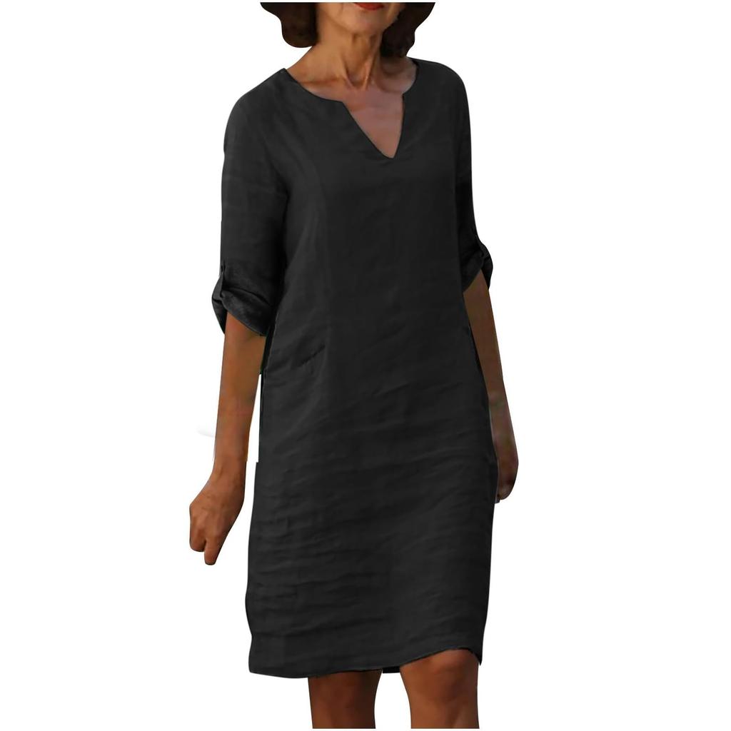 Женское летнее однотонное хлопково-льняное платье в стиле ретро с v-образным вырезом и длинными рукавами, легкое дышащее платье