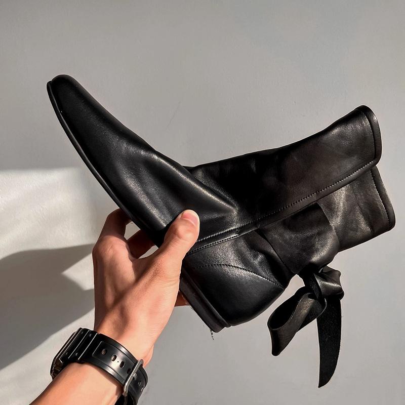 Кожаная ниша полированные ботинки Мартин женские осенне-зимние ботильоны Челси бант на плоской подошве плиссированные ботинки на наборном каблуке