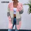 Women's Sweater Fashion Large Pocket Jacket Autumn and Winter Long Striped Colorblocking Cardigan