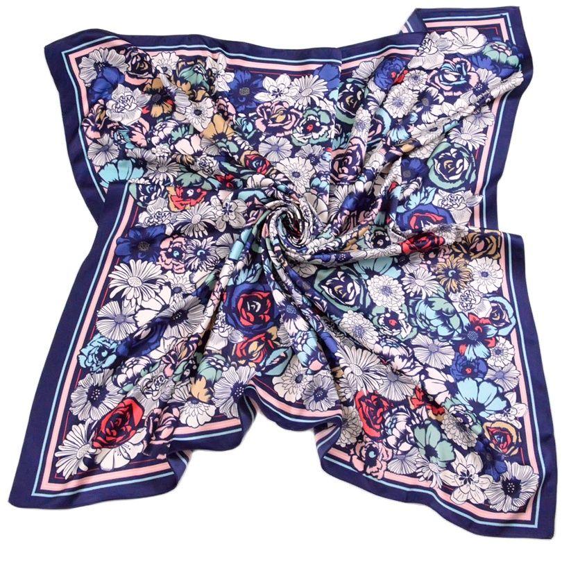 Ladies Daisy Large Square Scarves New 90*90cm Spring Autumn Matt Satin Scarves Fashion Accessories Navy Blue Silk Scarf